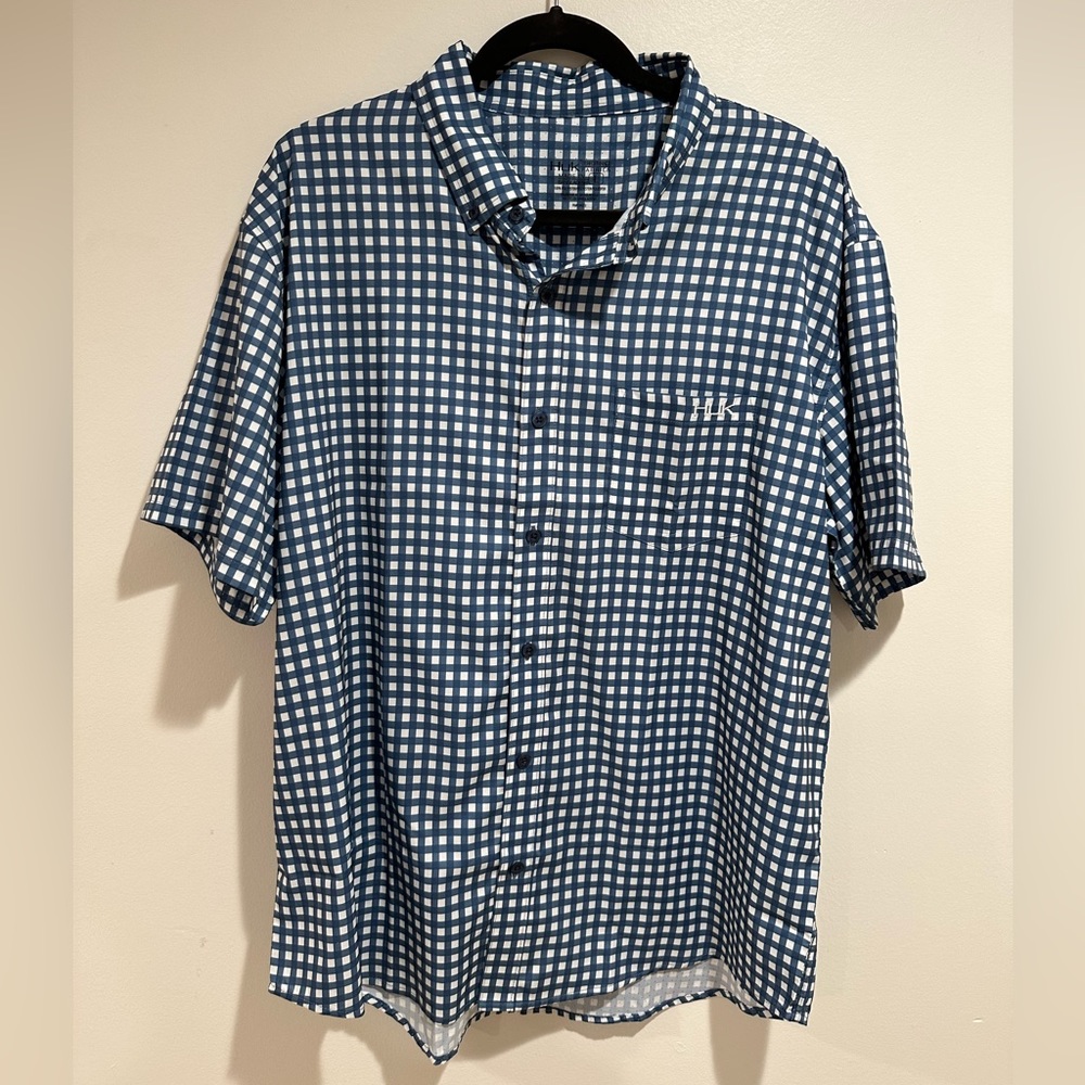 Men’s Huk Short-Sleeve Fishing Shirt — Blue and White Check — Size L